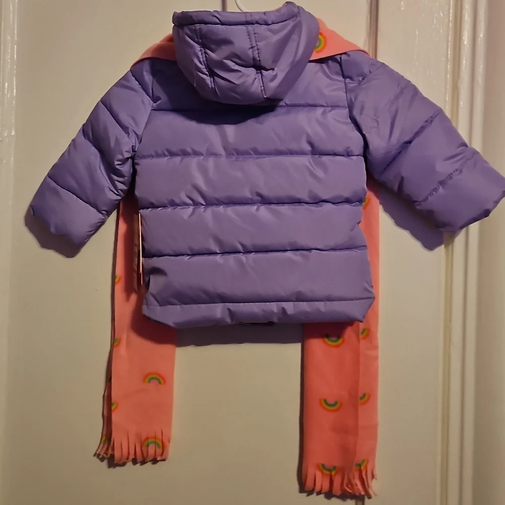 Girls 2T Purple & pink Puffer Jacket with Pink Scarf NWT